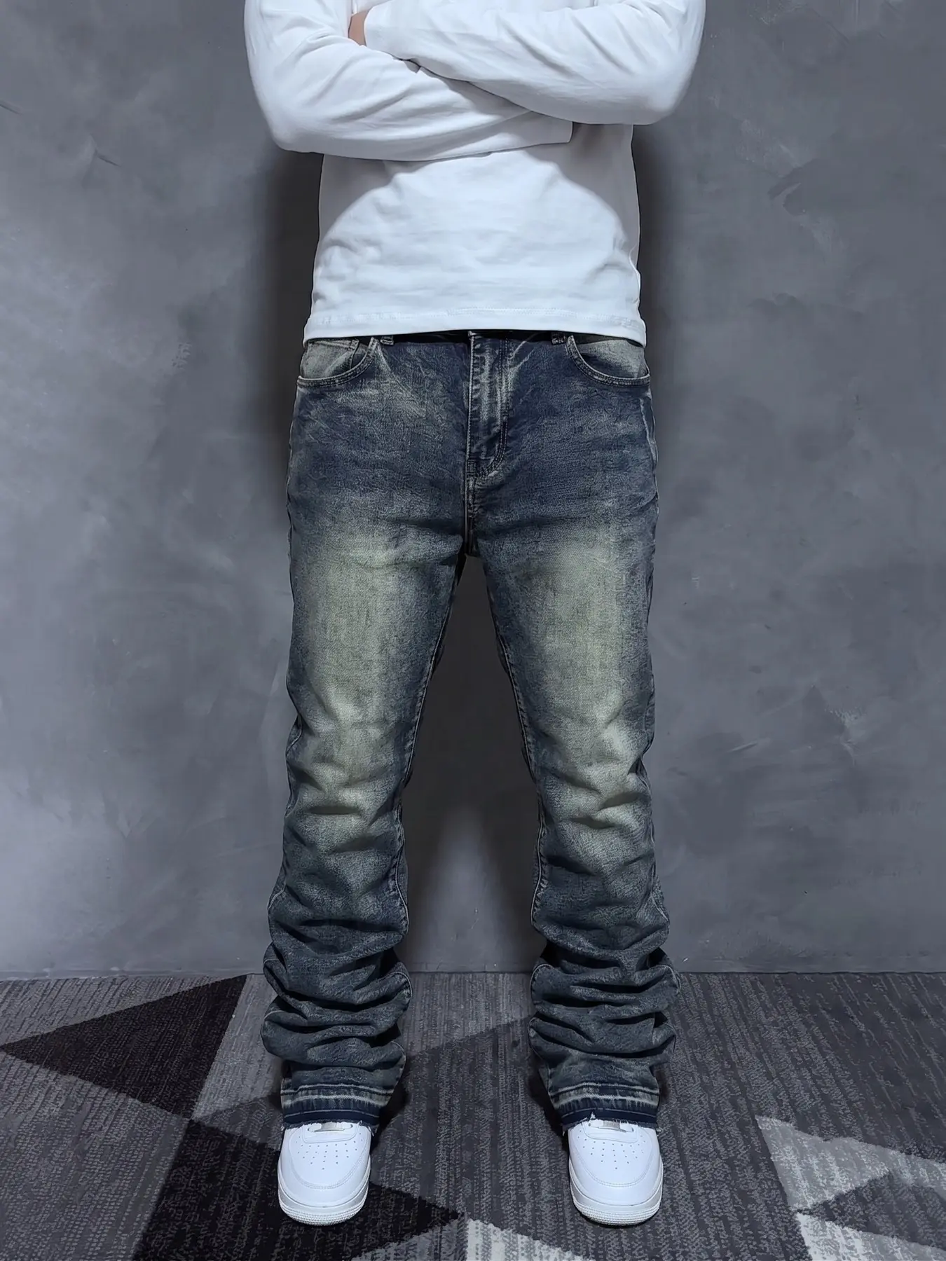 Vintage Washed Flared Jeans for Men, Retro Distressed Stacked Bootcut Denim Jeans, Y2K Streetwear Casual Long Trousers