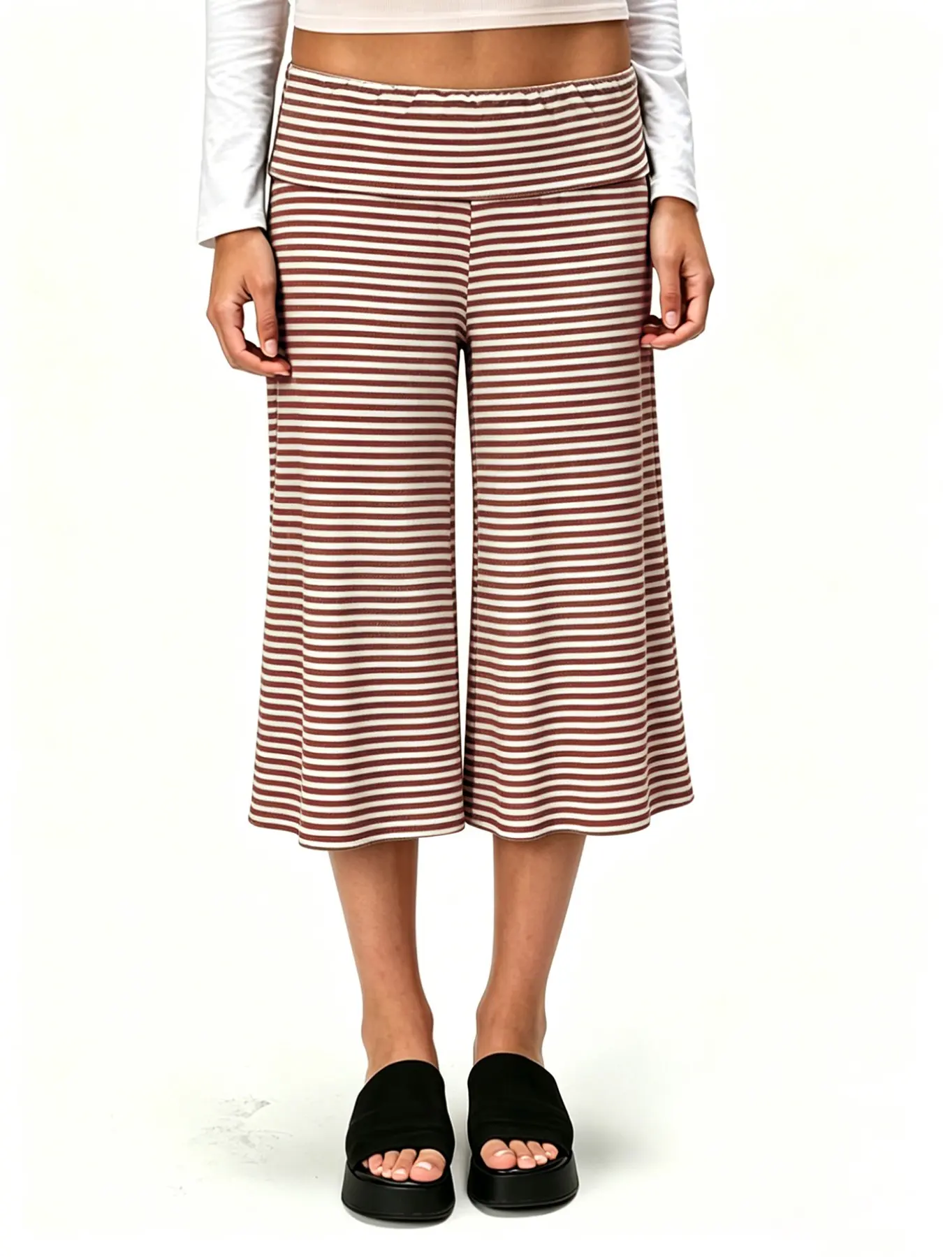 Basic Colorblock Striped Flare Pants, Elastic Knit Rolled Waist, Horizontal Stripes, Slimming, Versatile Seven-Eighths Pants