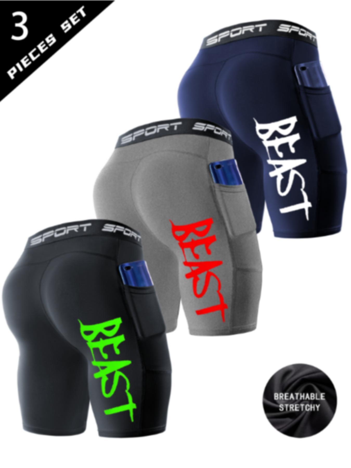 Men's 3-Pack Compression Shorts with" Beast" Print, Quick-Dry and Stretch Fabric, Suitable for Gym, Running and Basketball, Dry Fit Shorts