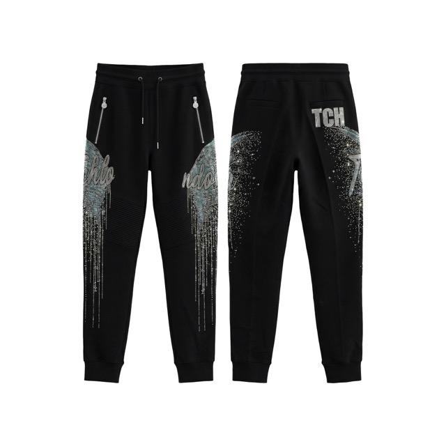 Sparkly Crystal Fringe Joggers - Cyber Y2K Streetwear - Black Moto Wings Detail Sweatpants