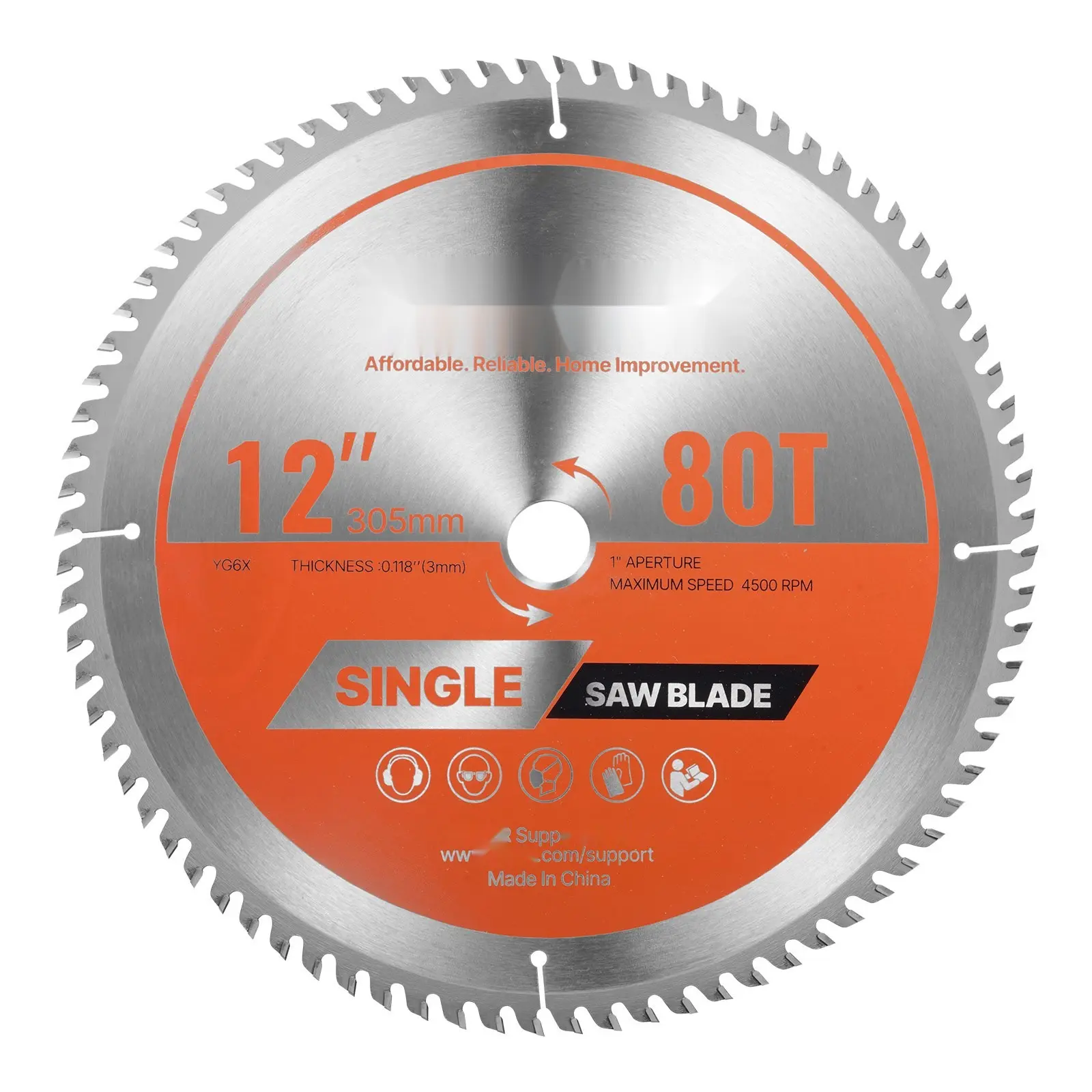 12-Inch (305 mm) Diameter Professional Grade 80-Tooth Carbide-Tipped Alloy Steel Circular Saw Blade, High-Speed 4500 rpm Wood Cutting, Heat Slots for Durability, Universal Fit Replacement Accessory for Most Circular Saws, Clean Precision Cuts