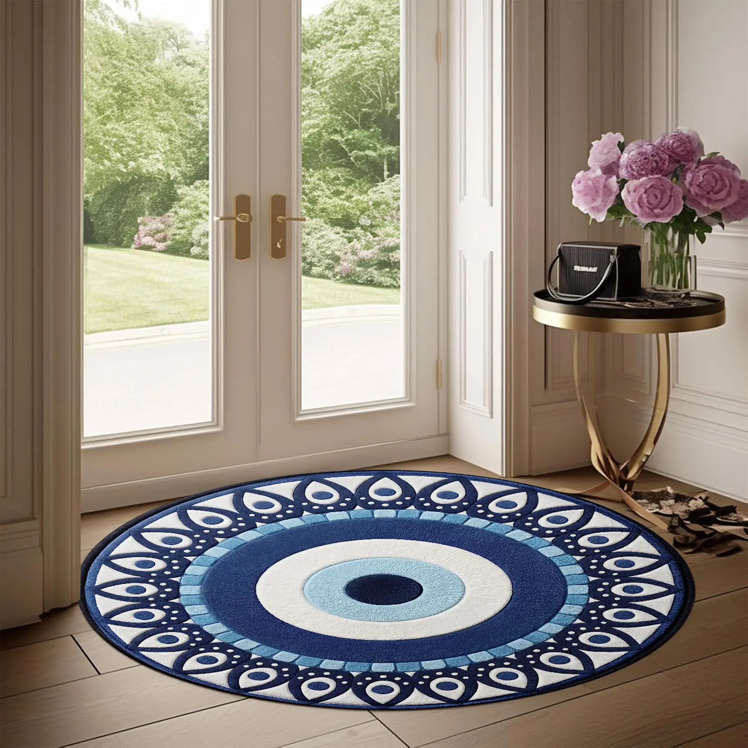Geometric Mandala Blue Evil Eye Round Flannel Door Mat Entrance Rug Non-slip Soft Fleece Rug Washable Floor Carpet Turkish Bohemian Area Rug For Yoga Meditation Room Living Room Aesthetic Protective Amulet Indoor Mat Trendy Room Decor