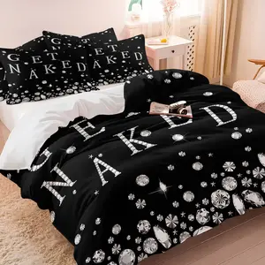 Luxury Rhinestone Duvet Cover Set, 1 Duvet & 1-2 Coreless Pillowcases, Black Base with Bold English Phrases & Silver Color Rhinestones, Silver Color Rhinestones, Soft Breathable Bedding, Modern Bedroom Decor