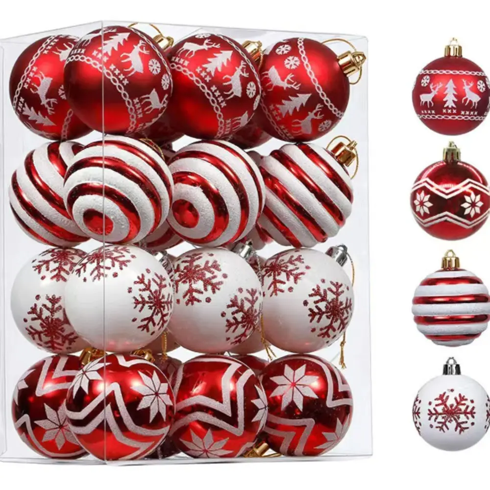 24Pcs Red and White Christmas Ornaments Set, 2.36" / 6cm Shatterproof Painted Christmas Ball Ornaments, Mixed Reindeer Snowflake & Striped Hanging Baubles for Christmas Tree Holiday Party Decor