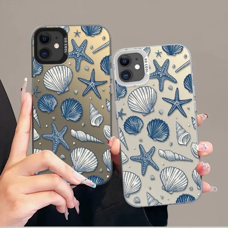 Phone case for iPhone 11 12 Navy Blue Seashell & Starfish Phone Case Anti-Scratch Non-Yellowing designer case Ultra Thin Lightweight Colorful Silver Phone Case ROOCY1@9(1)