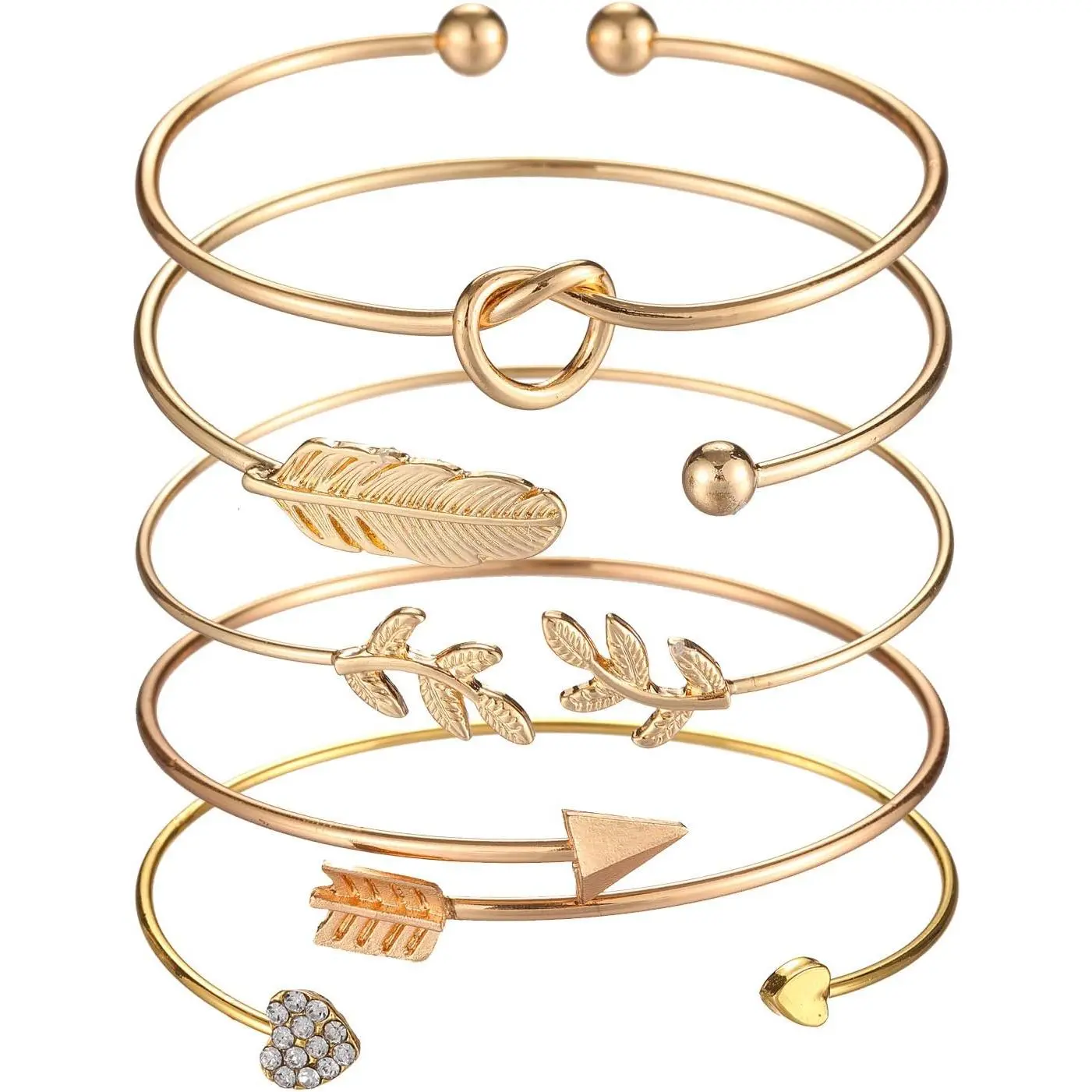 5 count Bangle Rose  Bracelets for Women Heart|Olive Leaf|||Knot Heart Open Cuff Bracelet Set Adjustable