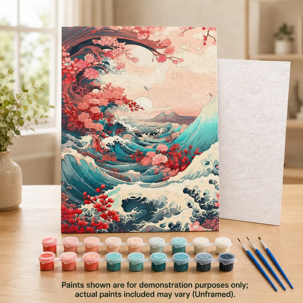 Cherry Blossom Wave Ukiyo-E DIY Paint by Numbers, Japanese Style High-Density Canvas Kit, Stress Relief Home Decor Gift Set