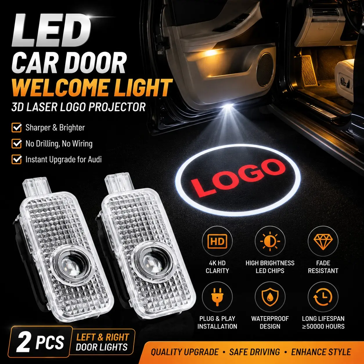 2Pcs LED Car Door Welcome Lights, Door Courtesy Lights, Fit Audi A1/A3/A4/A5/A6/A7/A8/Q3/Q5/Q7/Q8/TT/R8/E-TRON, 3D Laser Logo Projector, 12V/3W Energy Saving, Plug & Play, Fade Resistant, ABS + Aluminum Heat Dissipation, 50000H Lifespan