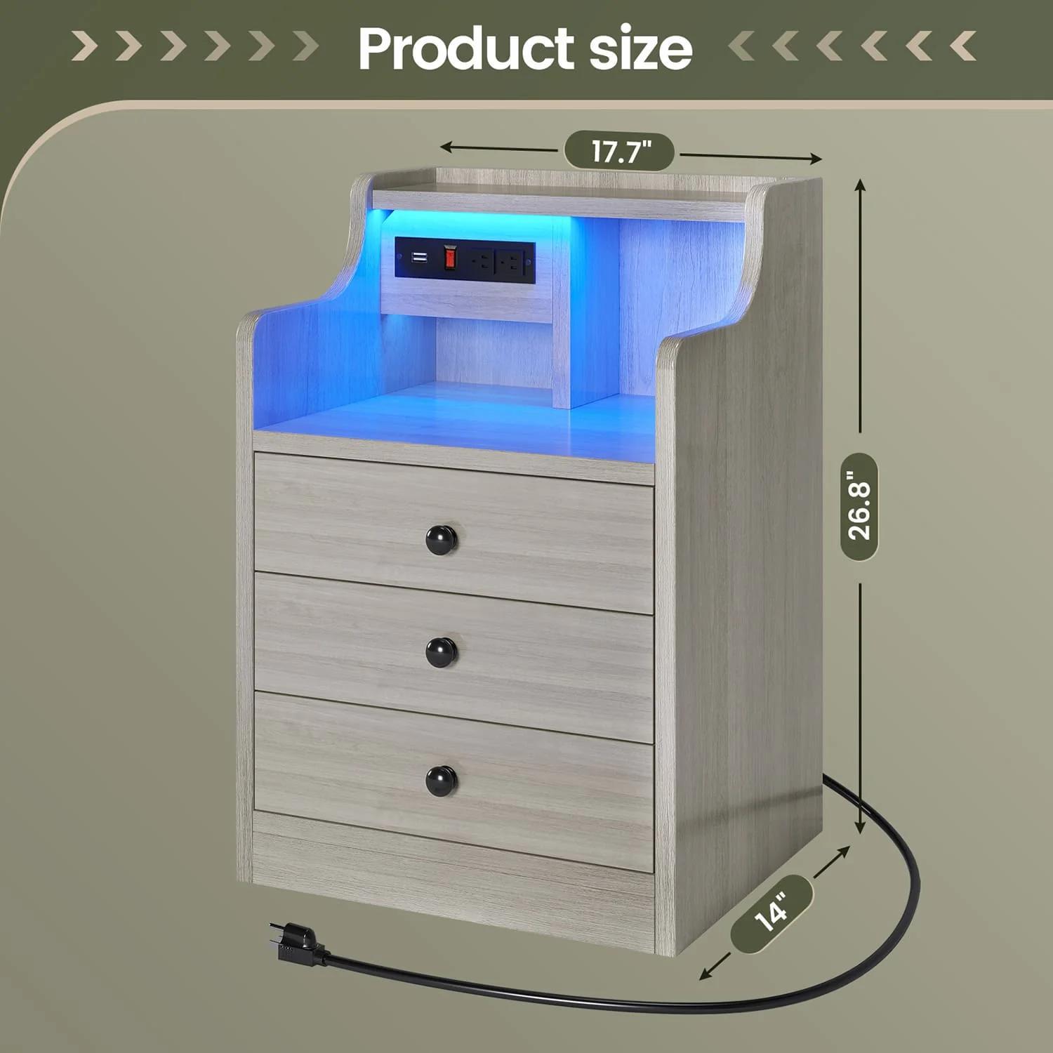 Sikaic LED Nightstand with 3 Storage Drawers Grey Modern Bedside Table RGB Lights Charging Station Engineered Wood Assembly Required Bedroom Set