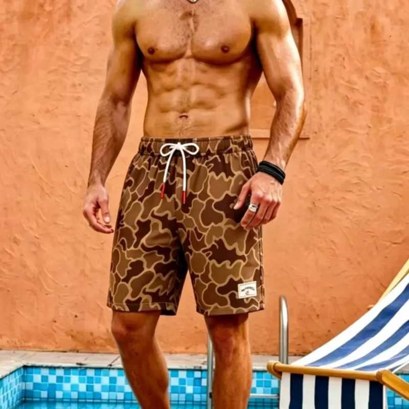 Quick-Dry Camo Print Men's Swim Trunks, Drawstring Waist Beach Shorts, Summer Waterproof Board Shorts for Surfing, Swimming, Vacation & Daily Wear, Casual Breathable Camouflage Swimwear, Printed Swim Bottoms
