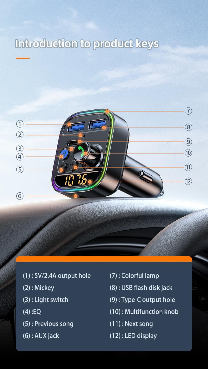 Wireless Bluetooth Car Adapter Bluetooth 5.3 FM Transmitter AUX Radio Receiver MP3 Player Handsfree Call Type-C USB  Car charger