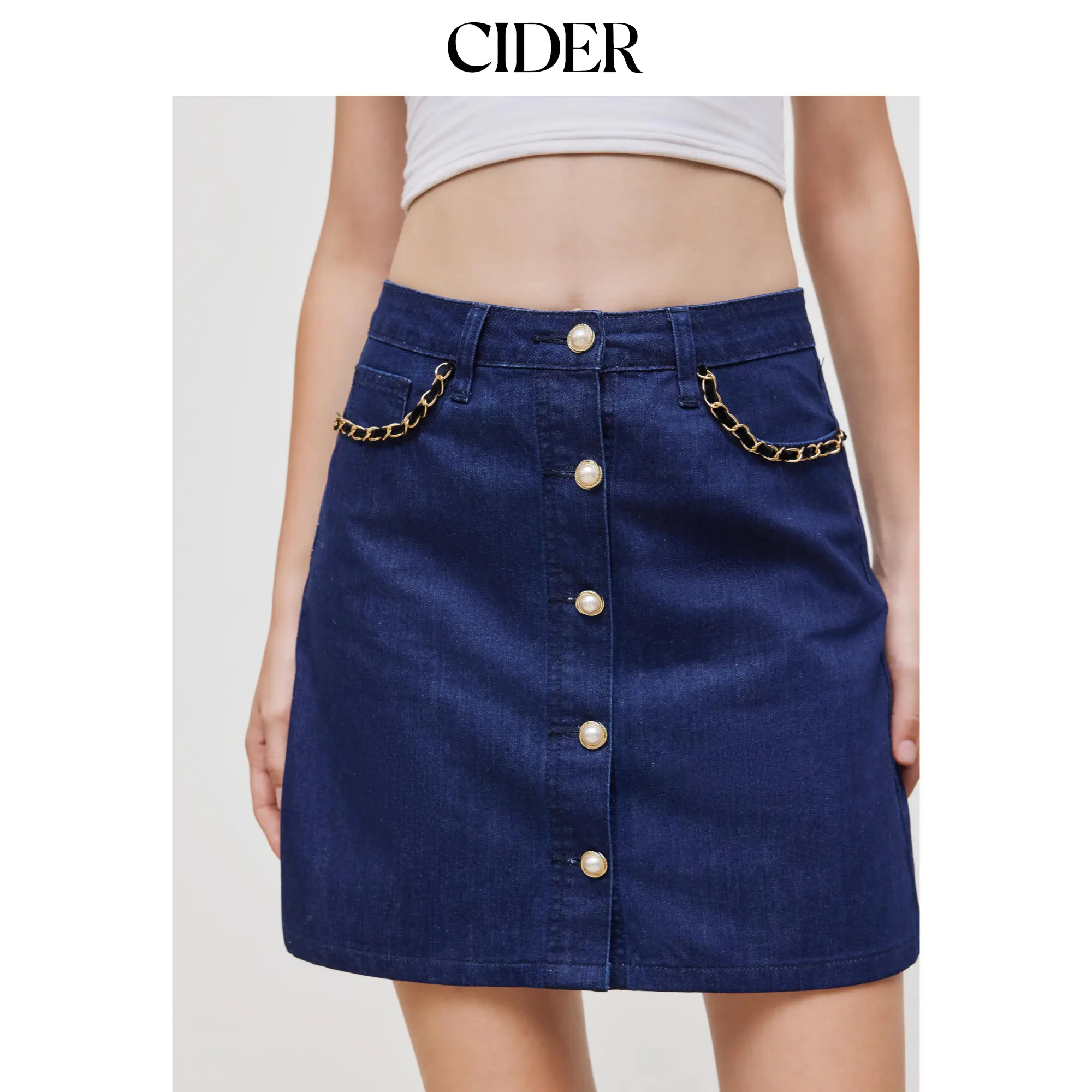 Cider [size 0-10] Denim Low Rise Solid Pearl Chain Detail Mini Skirt