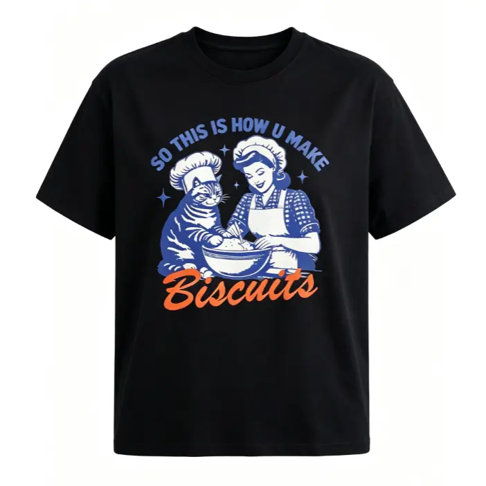 So This Is How U Make Biscuits Vintage Housewife Baker Cat Retro Blue Graphic Short Sleeve T-Shirt, Womens Summer Vacation Back To School Baking Lover Casual Tops, 100% Pure Cotton Printed Craft Summervibes Tee, Soft Breathable Loose Fit daily outfits