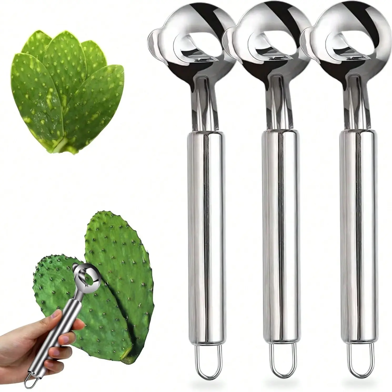 3pcs Stainless Steel Durable Cactus Peeler, Long Handle Hanging Hole Nopales Peeling Tool, Multifunctional Cactus Spine Remover & Noodle Cutter, Kitchen Gadget Utensils