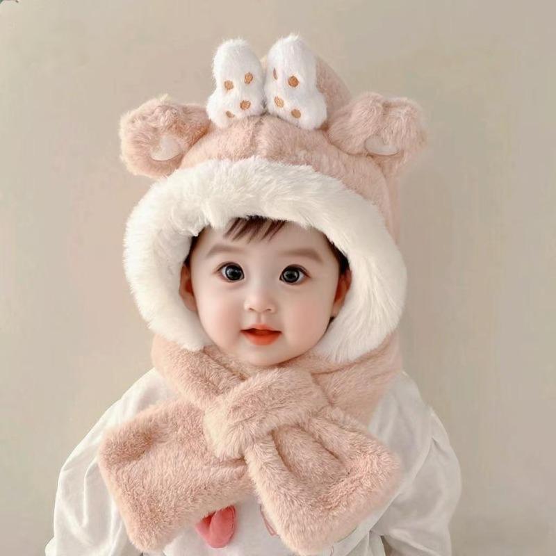 ' Bear Ear Hat & Scarf Combo - Pink Plush Winter Beanie with Earmuffs, Bunny-like Ears & Bow-like Collar - Soft Snug-Fit for, - Cozy Unisex Outfit for Christmas, Trips & Daily Cold Weather (No Neck