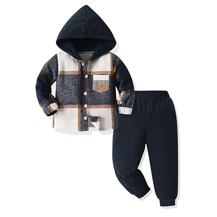 Toddler Boys Plaid Hooded Shirt & Khaki Sweatpants Set, Fashionable Long Sleeve Button-Down Top with Pocket, Comfortable Joggers for Kids, Perfect for Autumn/Winter Daily Wear & Outdoor Activities