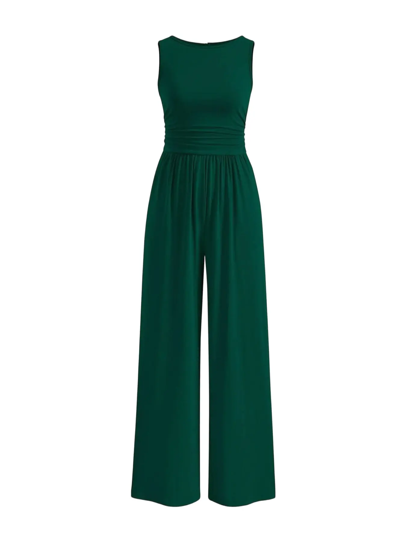 Women Crew Neck Sleeveless Ruched Tummy Waist Wide Leg Jumpsuit, Soft Stretch Loungewear, Casual Comfy Home Sleep, Navy