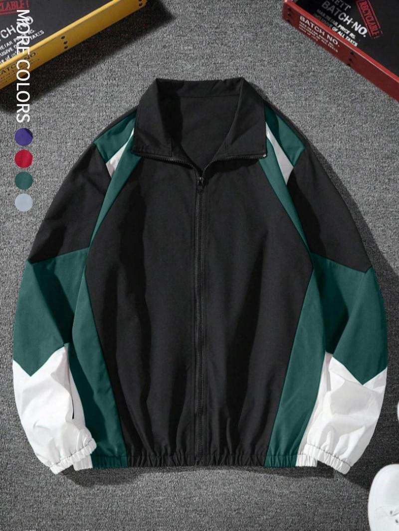 Men's Colorblock Zip Up Jacket, Regular Fit Casual Long Sleeve Outerwear for Spring & Fall, Fashion Men's Clothes for Daily Wear Tops