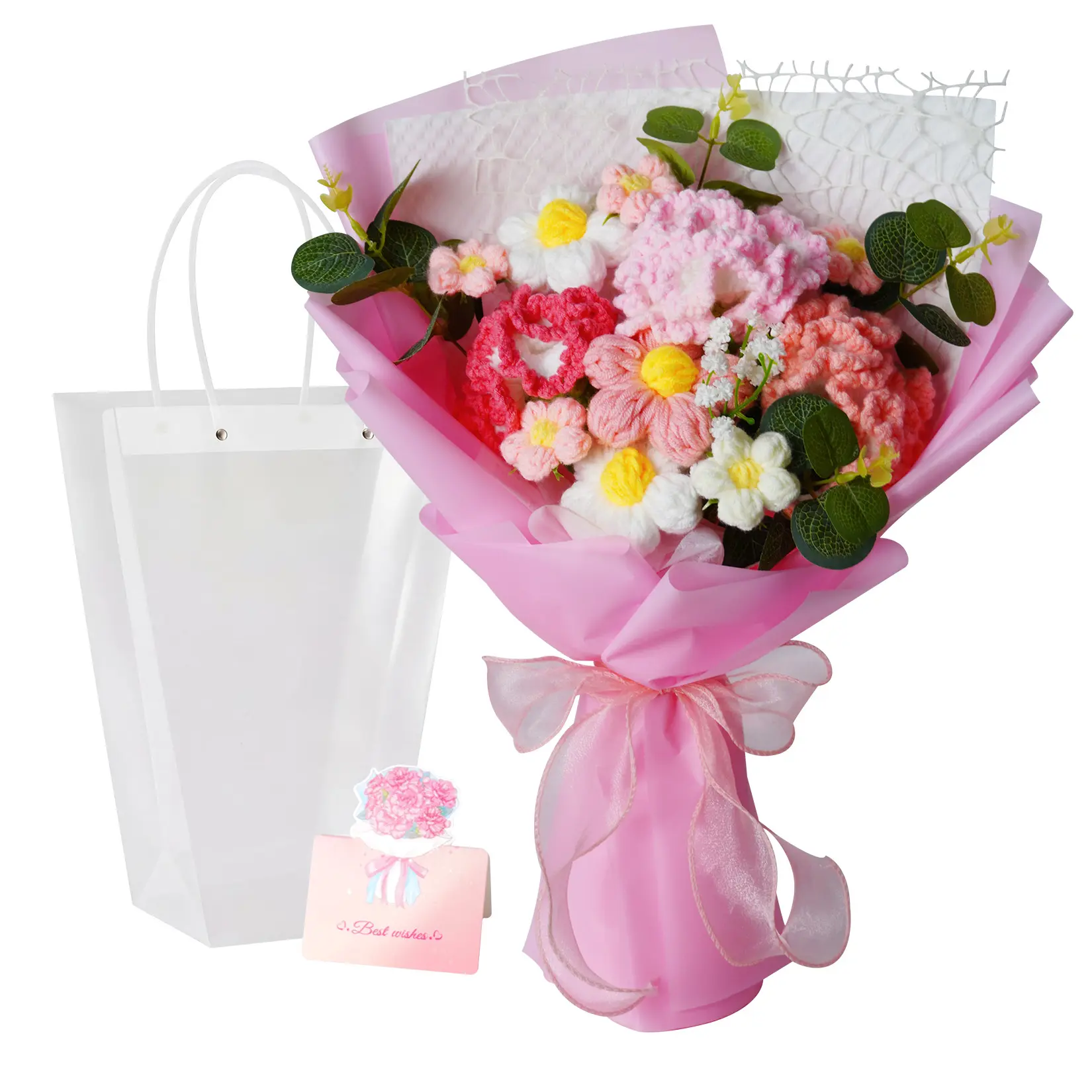 Handmade Pink Yarn Flower Bouquet Set with Best Wishes Card and Gift Bag Eternal Crochet Flowers for Birthdays Anniversaries Home Decor Gift for Her