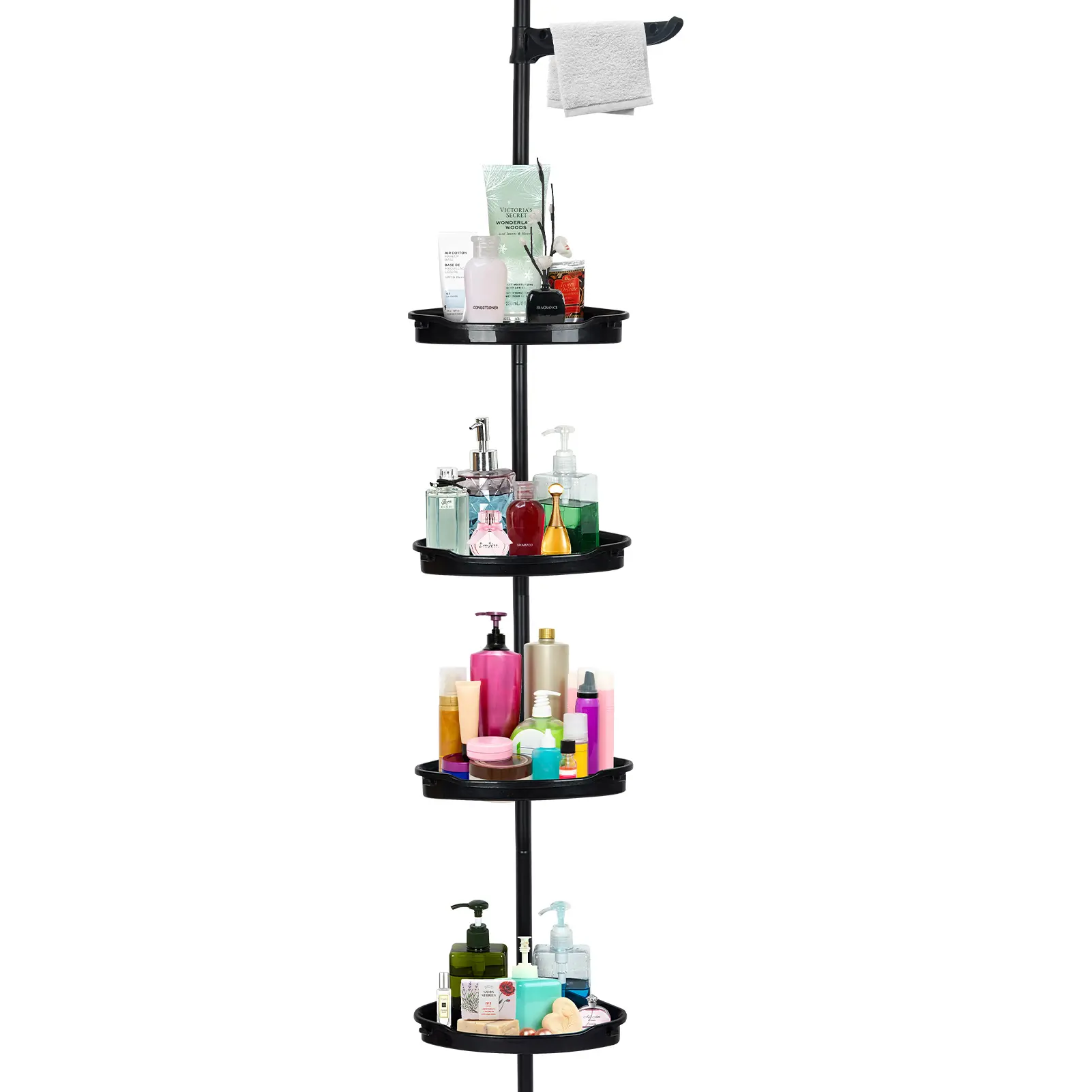 4-Tier Corner Shower Caddy with Tension Pole – Adjustable 39–122 Inches, Rustproof Standing Organizer – Quick Install, Auto-Drain Shelves, No Drilling – Black/White Plastic