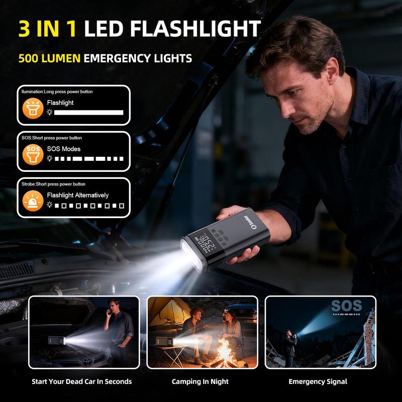 Soulor CYD22 5-in-1   with 150PSI Air Compressor, 10000mAh Portable Power Bank, LED Flashlight & SOS for Car/SUV/Truck Emergency ultra-safe
