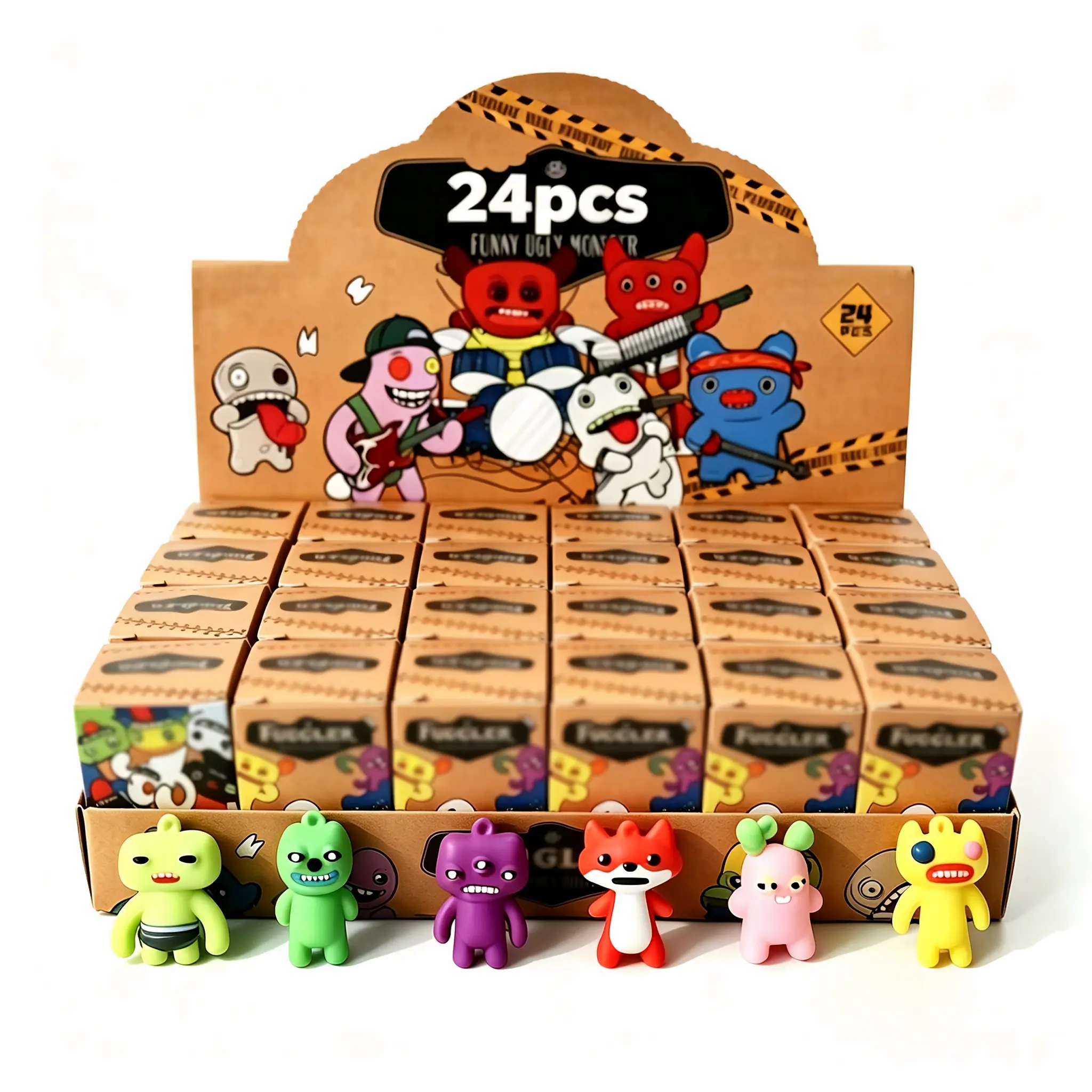 24-Piece F-G-R Tooth Monster Keychain Collection - Cartoon Character Charms Set with Bag Hooks, Display Case, Halloween & Christmas Party Gift for Birthday Celebrations