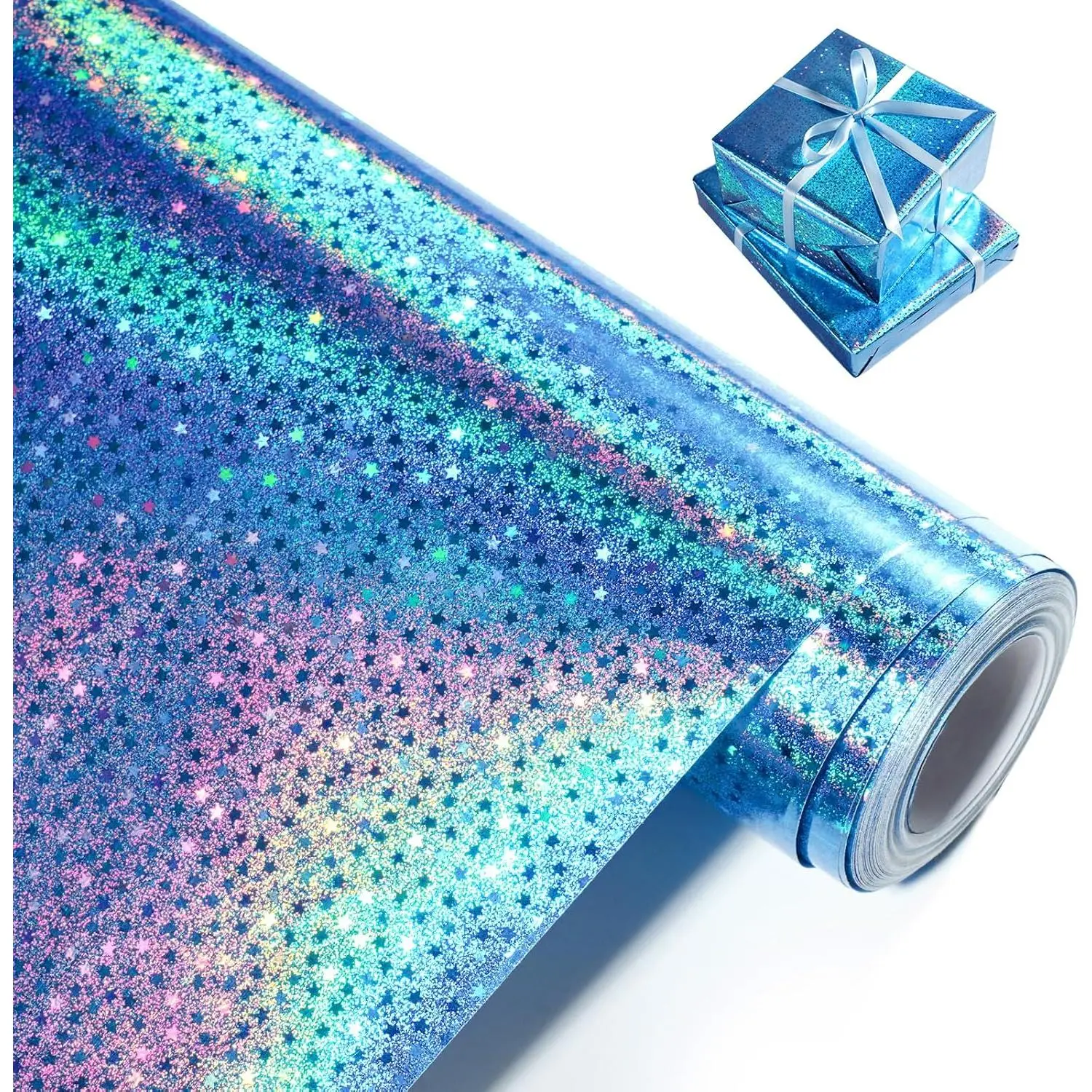 Blue Holographic Wrapping Paper, Metallic Glitter   Wrap Paper Roll for Birthday, Wedding, Father's Day, Valentine's Day, Christmas - 17 Inches X 32.8