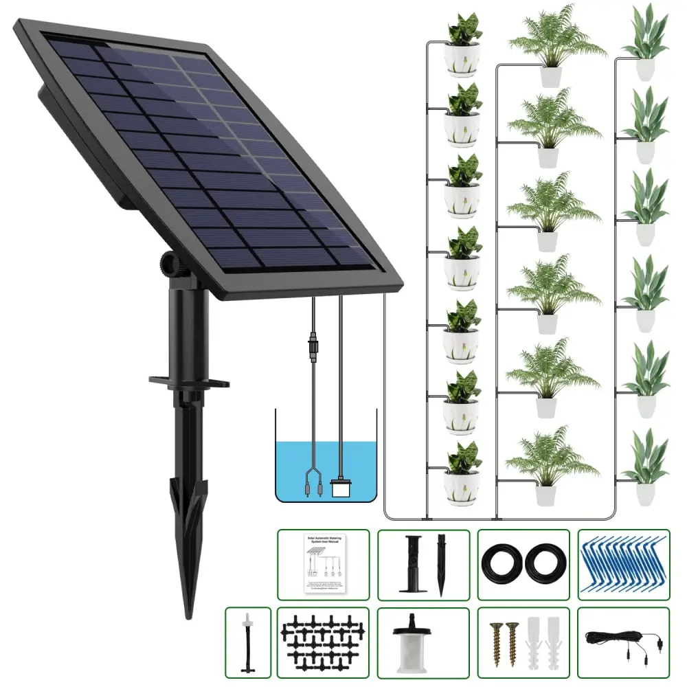 Solar Automatic Drip Irrigation Full Kit Set - Solar-Powered Plant Watering Device, 20-30-Pot Kit with 12 Timing Modes, Anti-Siphoning Device, Easy DIY Watering Solution for Potted Plants