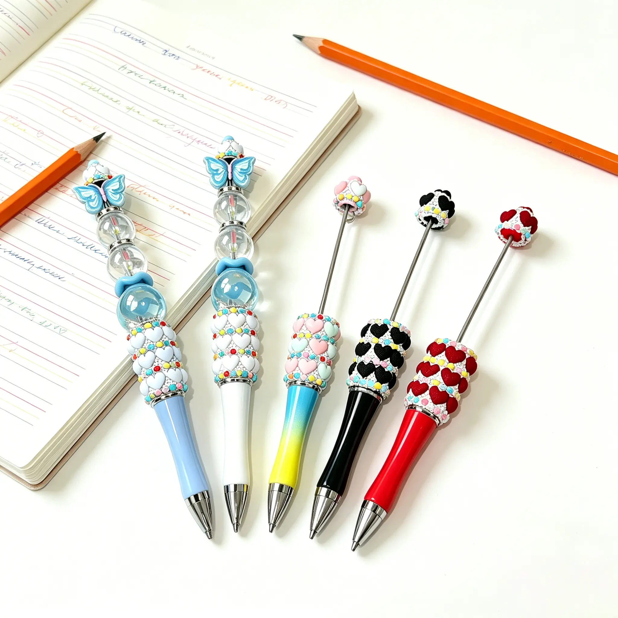 5pcs Glitter Beadable Pen Full Rhinestone Plastic Bead Ballpoint Pen Multicolor Fun Bling Retractable Beaded Writing Pen for DIY Craft Office Supplies Ballpen Set