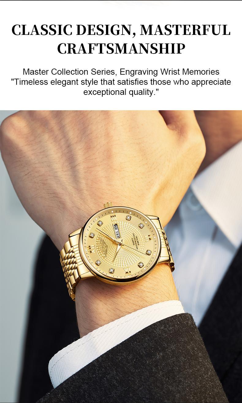 LANGQIES Elegant Multi-Function Men's Watch with Original Swiss Movement, featuring Dual Calendar, 42mm Dial, Sapphire Crystal, Stainless Steel Band, and Luminous Water-Resistant Design.