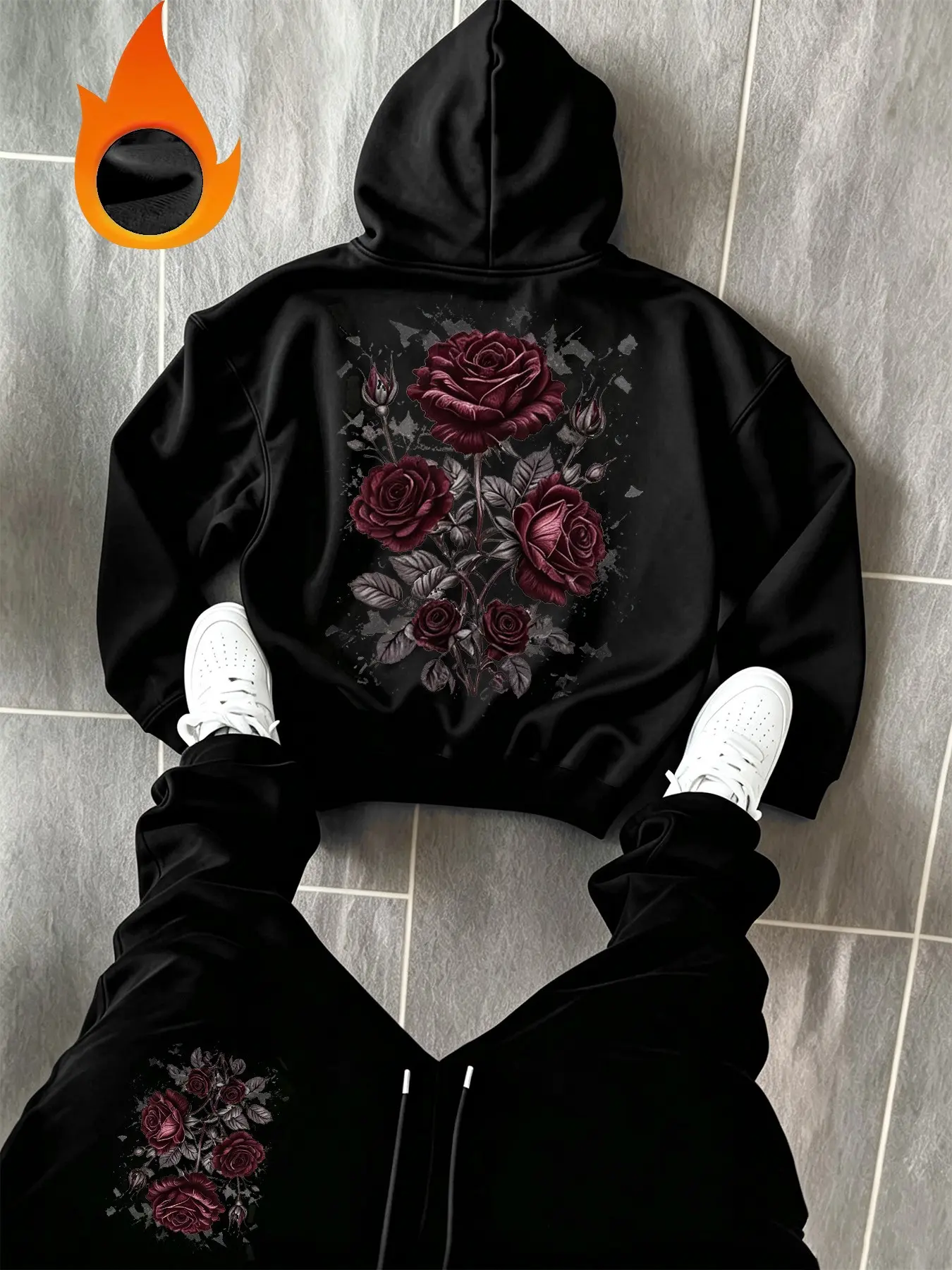 Men's Thickened Sweatshirt and Pants Set, Gothic Rose Print, Warm Fall, Slim-Fitting, Short Sleeve, Elegant Style