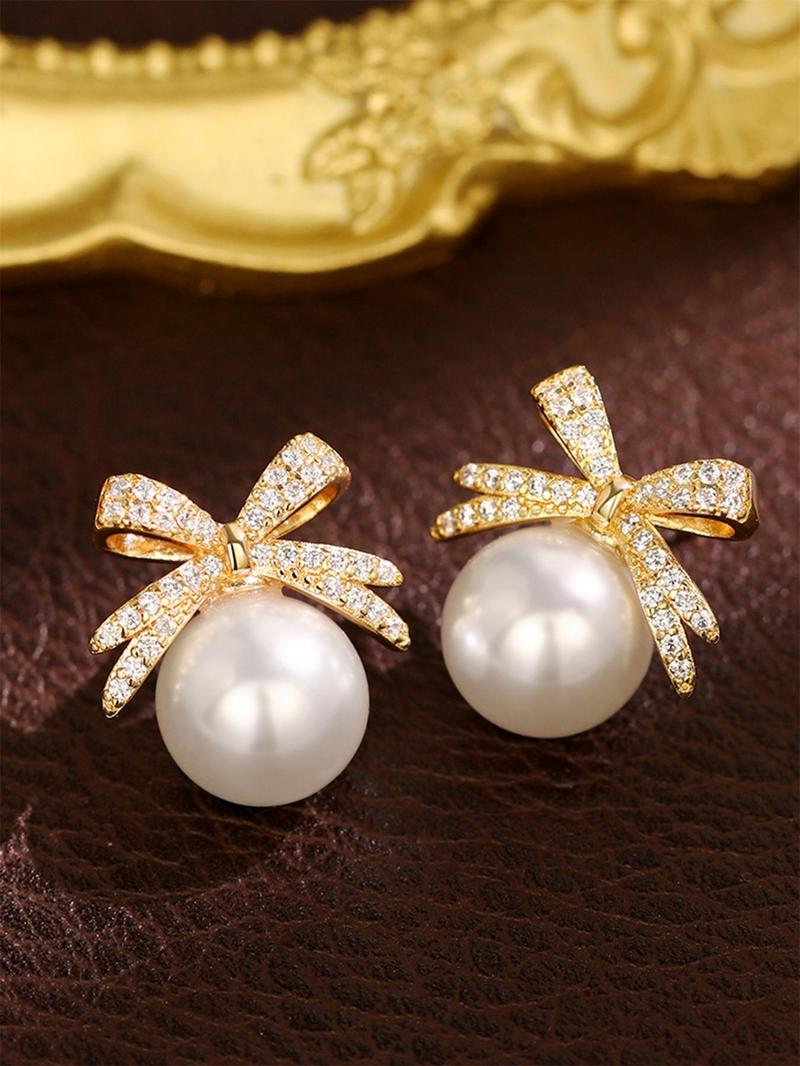 Summer Faux Pearl & Rhinestone Decor Bow Design Dangle High Quality Earrings, Elegant Jewelry for Women for Party, Daily Clothing Decor, Trendy Jewelry As Gift