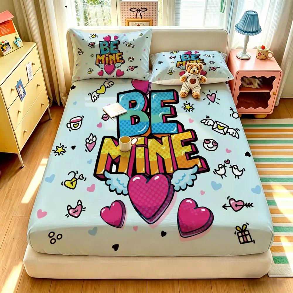 (1 fitted sheet + 2 pillowcases, no filler),Trendy text printing,Polyester fitted sheet 3-piece bedding set, machine washable, anti-shrink & anti-deform, durable bedding supplies for bedroom and dormitory