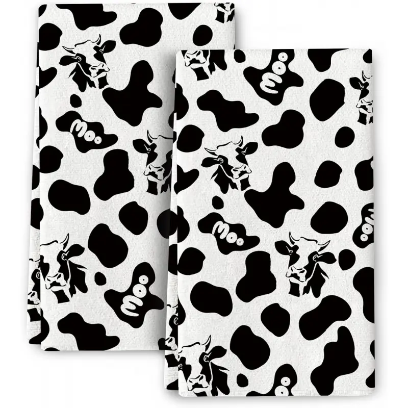 2-pack kitchen towels, black and white cow print kitchen dish towels super soft and absorbent, suitable for hand drying, baking and cooking, farmhouse style kitchen decor, size 16 x 24 inches.