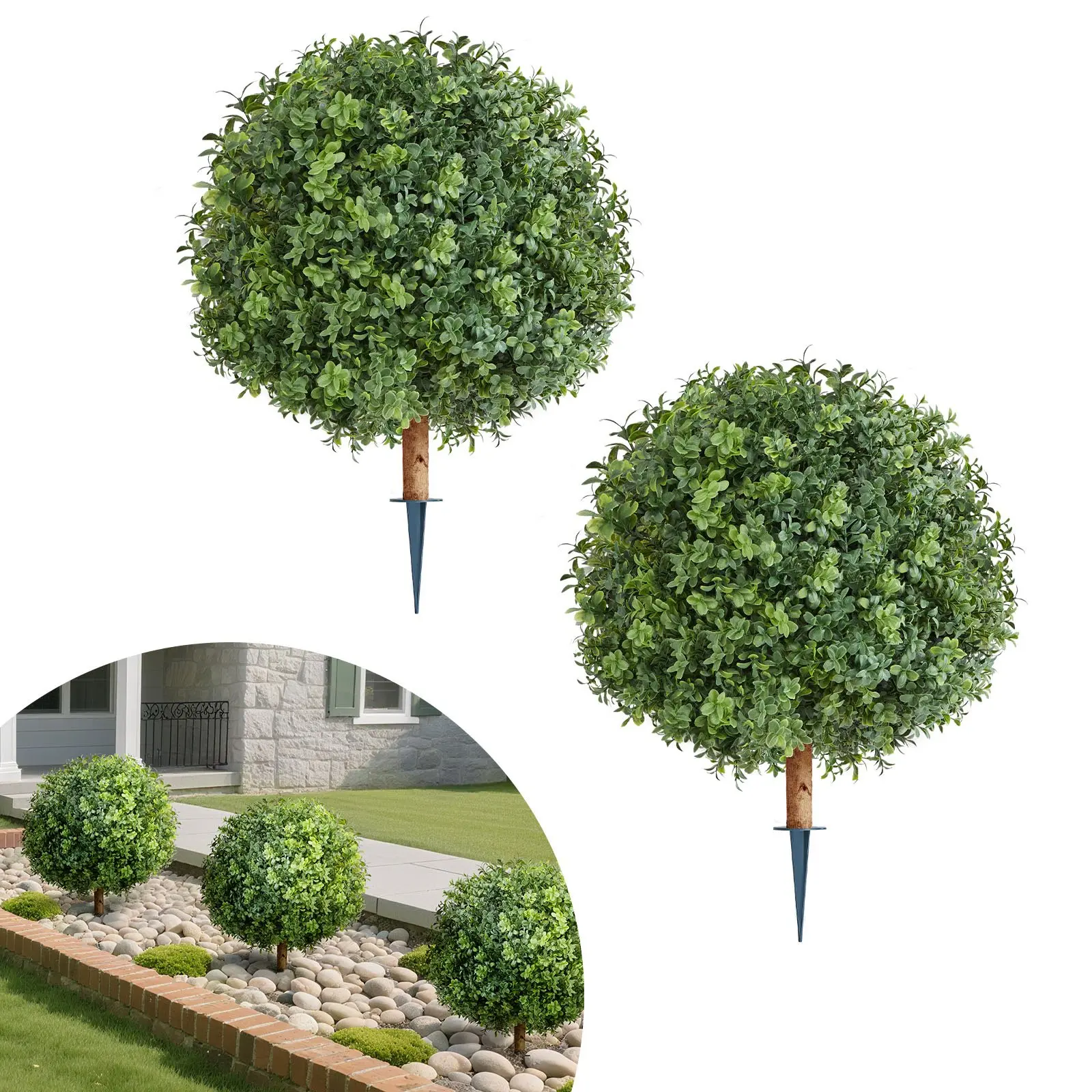 【DealsForYouDays】VEVOR Artificial Topiary Boxwood Trees with Ground Spike, 22 inch 2 Set Faux Shrubs Bushes Potted Plants, Fake Silk Tree Look Real for Decor Front Porch Outdoor Indoor Patio Garden Balcony Backyard