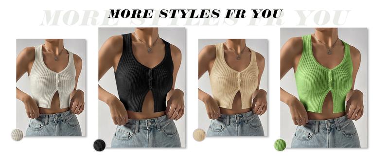 Women's Button Front Ribbed Knit Crop Tank Top Scoop Neck Sleeveless Casual Plain Crop Top Womenswear Bridal Short Basic Minimalist Skinny Slim Vneck White babydoll tops tubetops summer tops crop tops weighted vests women