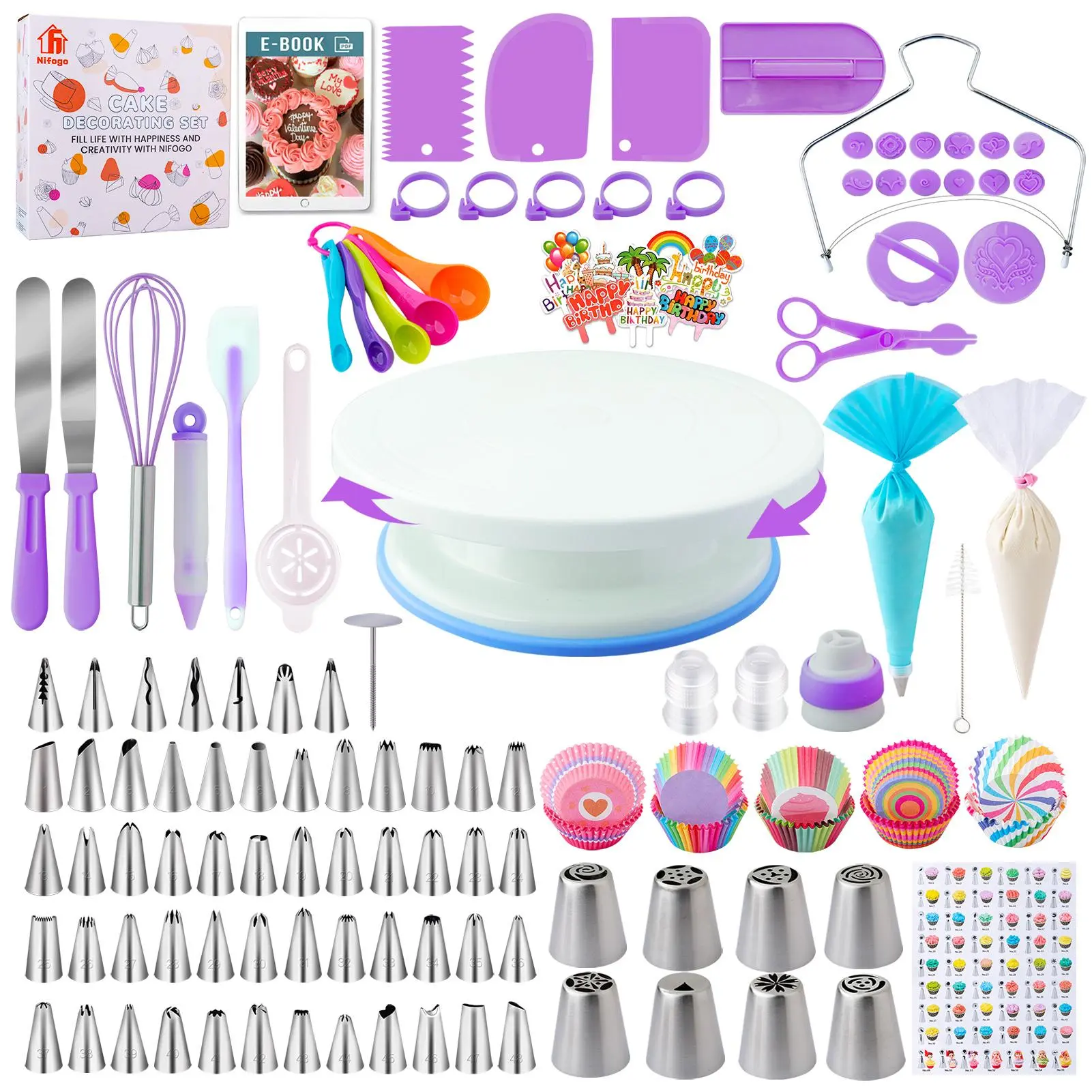 356Pcs Professional Cake Decoration Set - Rotating Turntable, Pastry Bags, Fondant Smoothers, 3 Icing & Piping Training Color Options for Beginners' Home/Festive Kitchen Bakeware