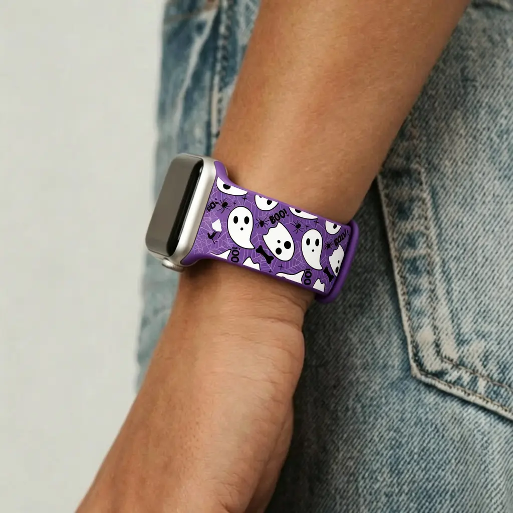 Purple Silicone Watch Band with Halloween Ghost & Bones Print - Waterproof Multi-Size Wearable Accessory for Men & Women, Fits 38-49mm Smartwatches, Water Proof, Accessories, Work, Sporty