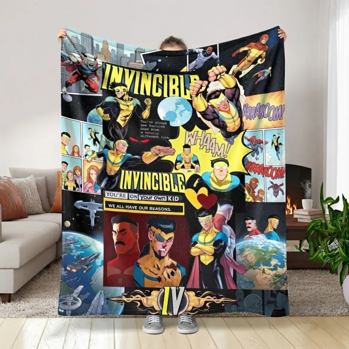 Invincible Superhero Comic Style Flannel Blanket For Adults And Kids, Colorful Graphic Print With Bold Action Art, Soft Warm Cozy Lightweight Throw For Bed Sofa Decor, Perfect For Home Office Lounge Movie Night Gift Use, Aesthetic Bedding
