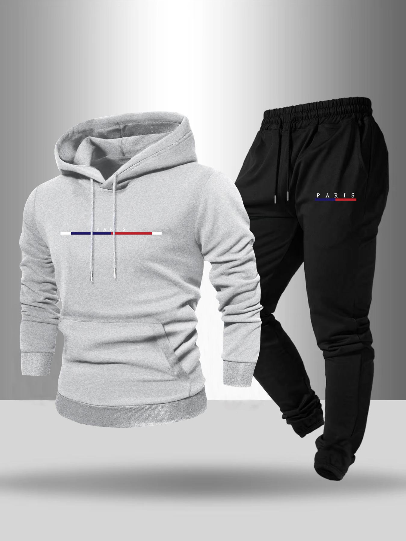 Men's Letter Print Drawstring Hoodie & Pocket Sweatpants Set, Casual Regular Fit Long Sleeve Hooded Sweatshirt & Jogger Pants, Fall & Winter Menswear, Streetwear Tracksuit