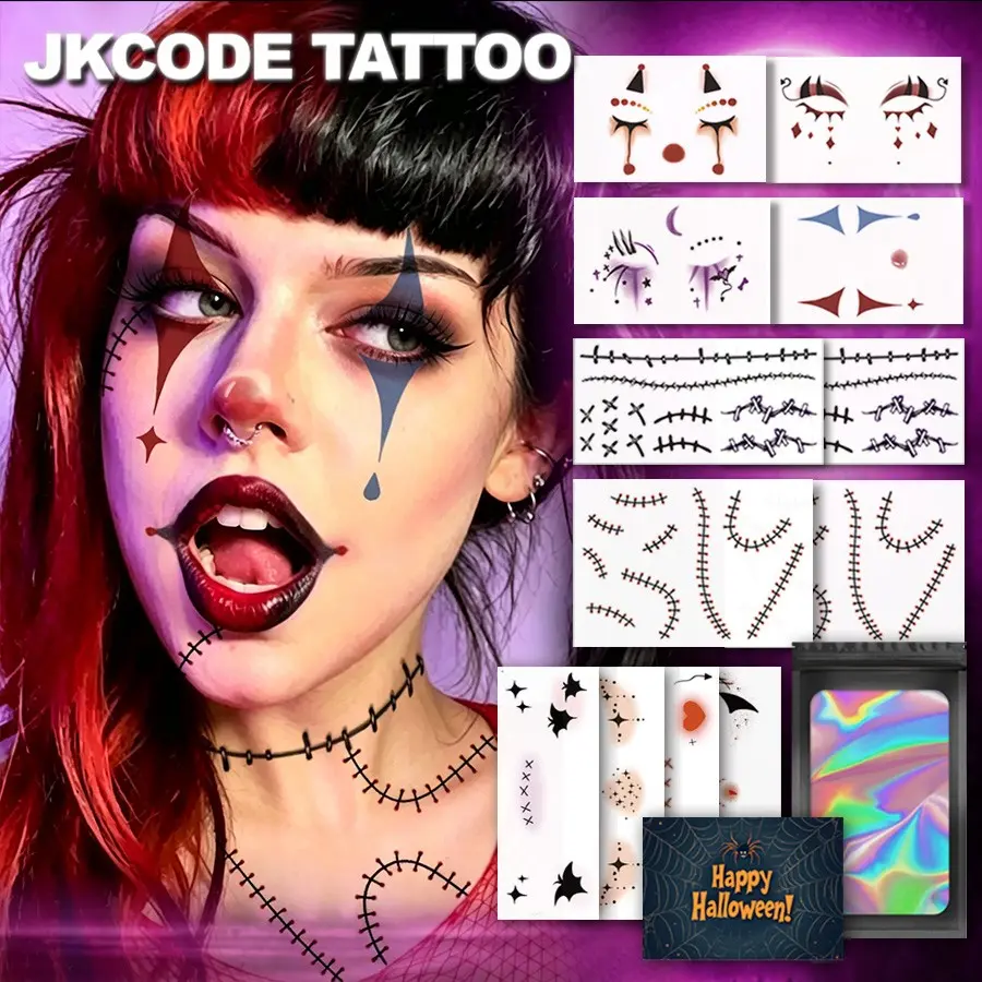 12 Sheets Halloween Costume Clown Puppet Makeup Tattoo Kit | Funny Costume Tattoo Kit, Halloween Temporary Tattoos, Stitches And Scars Halloween Makeup Stickers, Costume Accessory for Women, Punk Costume Accessory Party Favors, Lasts 3-5 Days
