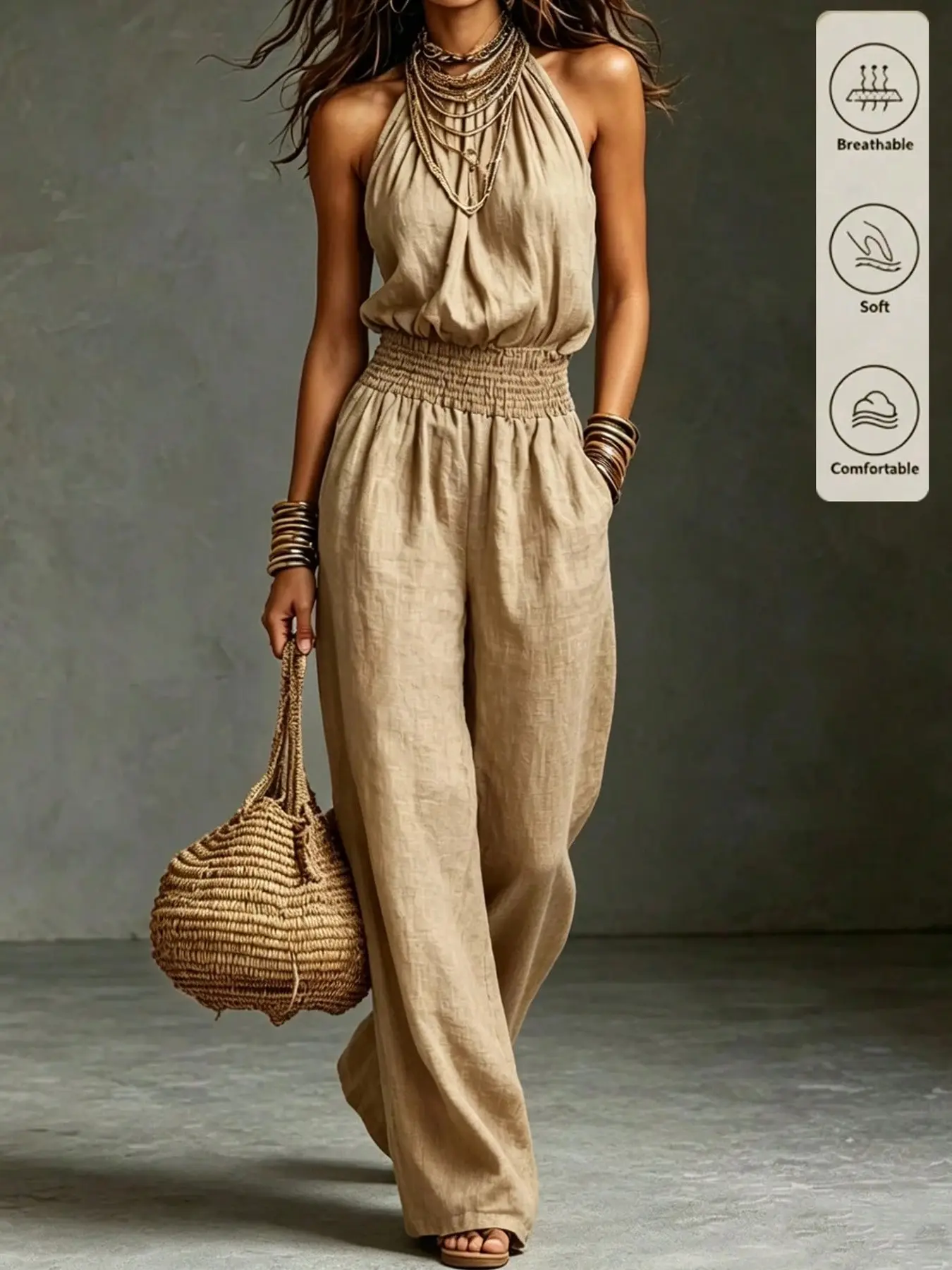 Luxerose Women's Elegant Boho Knitted Jumpsuit, Waist Cinched Design, Sleeveless, Fitted, All Seasons, Perfect for Beach Vacations