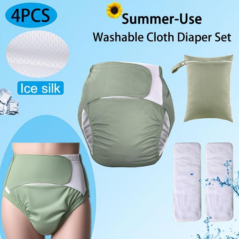 4pcs XL Adjustable Adult Incontinence Diapers Without Buttons Set(1pc Diaper+2pcs Inserts+1pc Bag), Seasons, High Performance, Washable Reusable Breathable Adult Incontinence Diapers, Good Gift for Postpartum Moms, Elderly, Long-Distance Dr