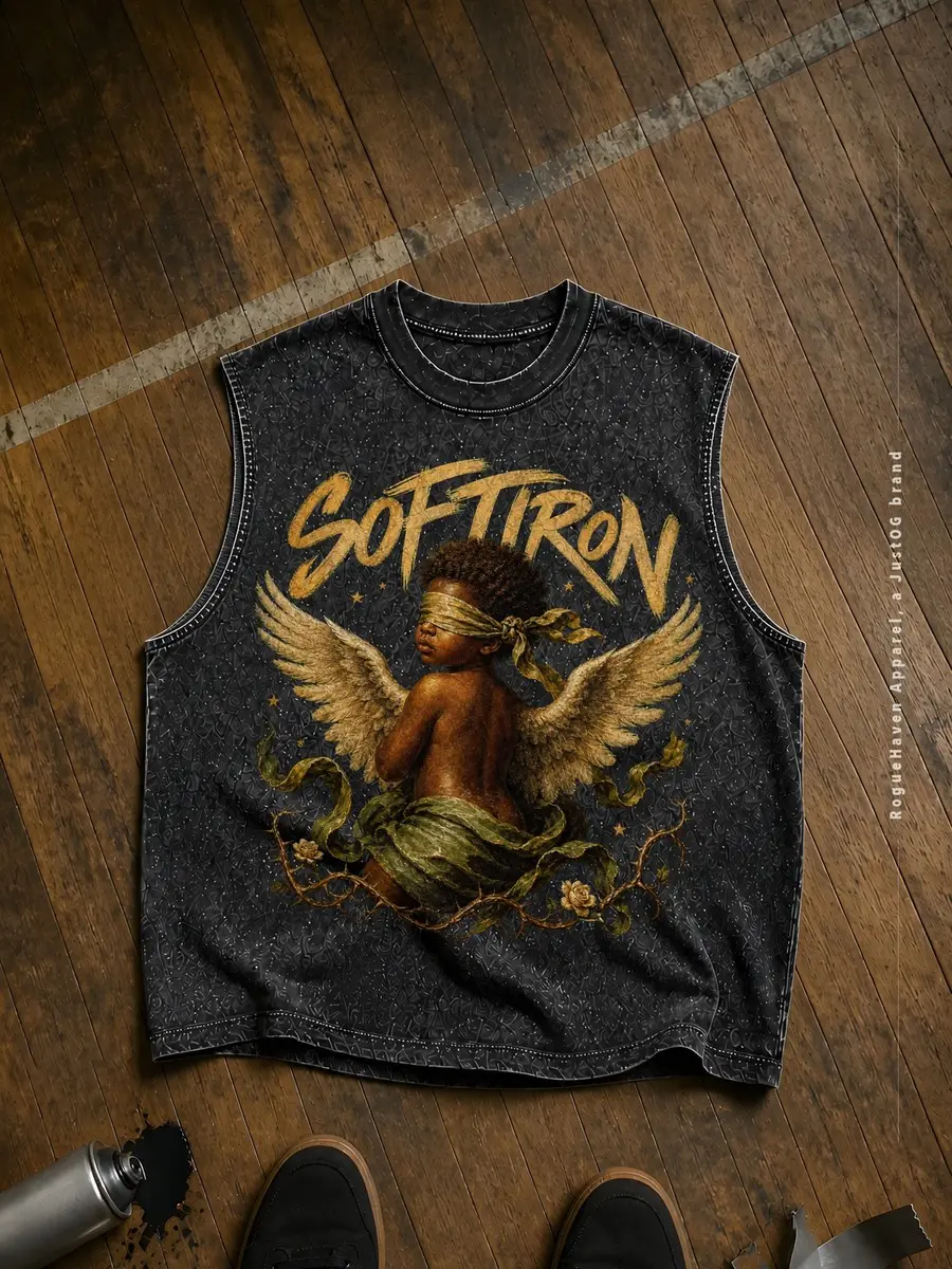 Winged Cherub and Gold Script Graphic, Heavyweight Washed Gothic Streetwear Tank Top