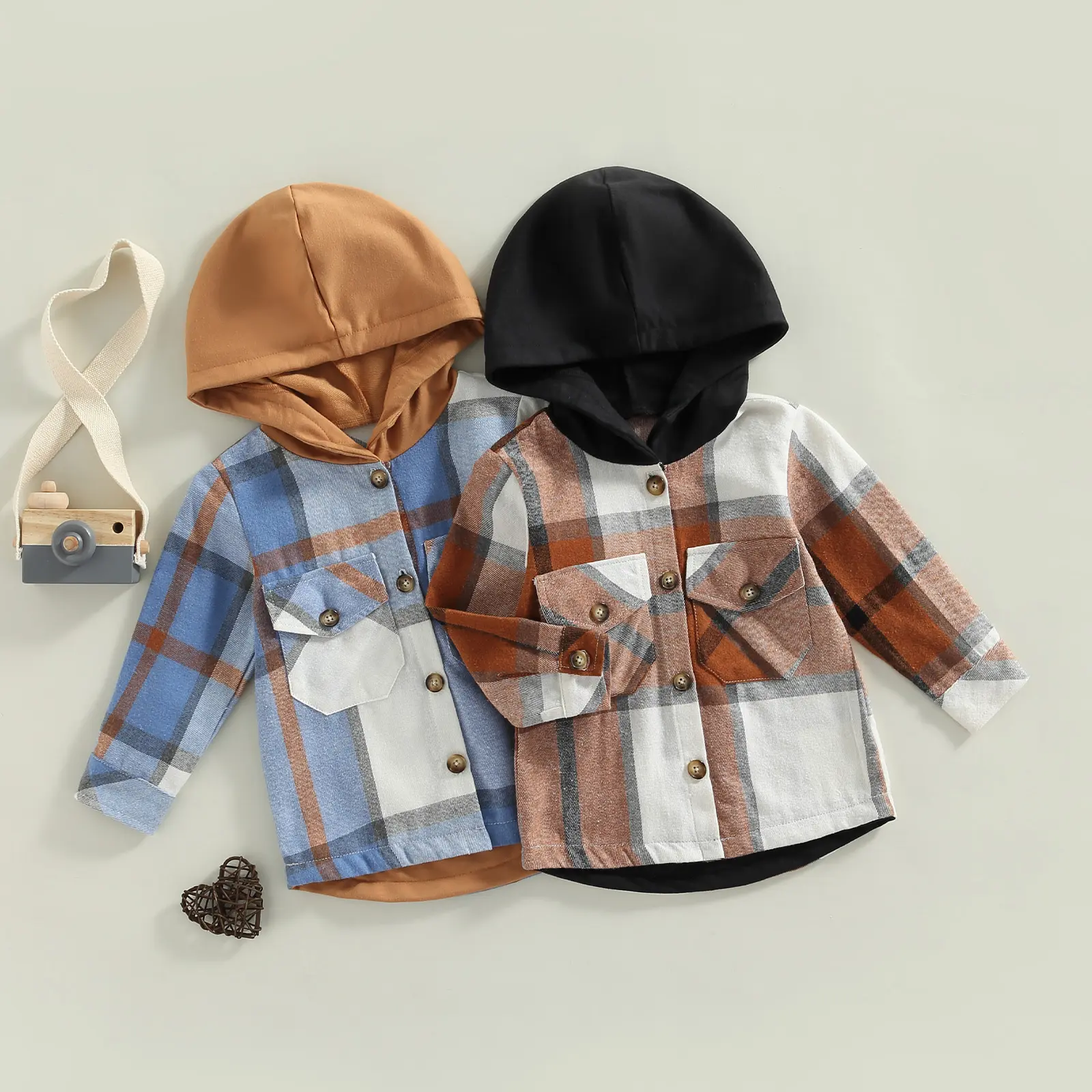 Kids Girl Boy Jacket 1-6Y Plaid Hooded Long Sleeve Zip-up Hoodies Shacket with Pockets Casual Toddler Coats for Winter Fall Outwear