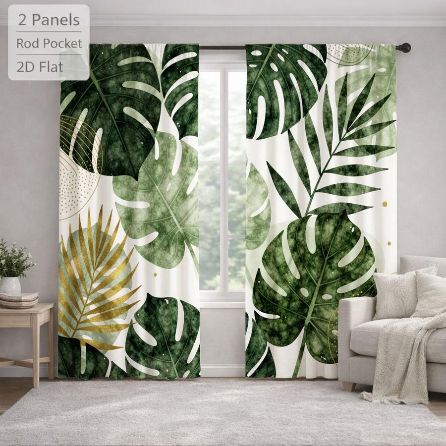 2Pcs Tropical Botanical Gold Green Leaf Sun Blocking Curtains Digital Printed Rod Pocket, Window Treatment For Bedroom Office Kitchen Living Room Study Home Decor