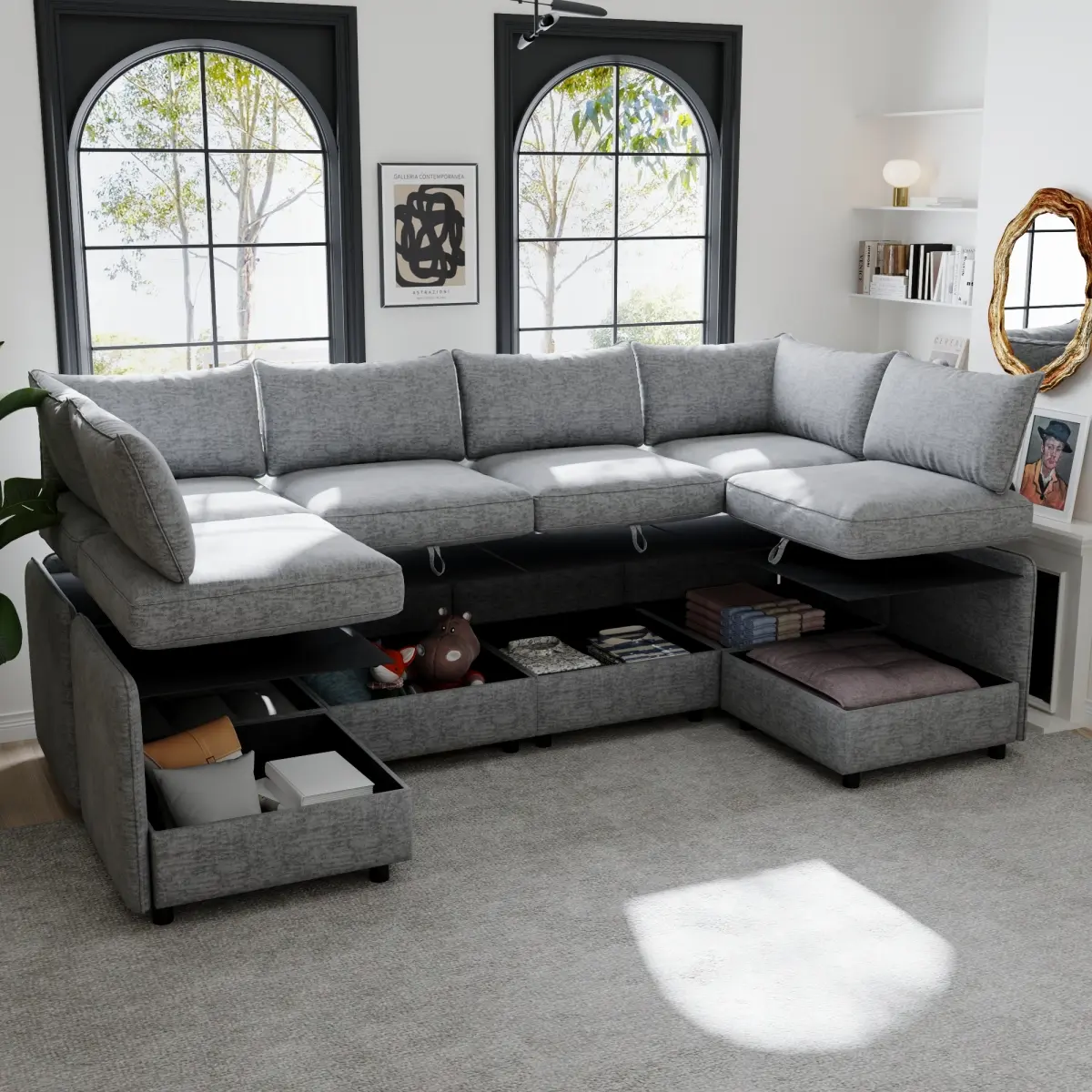 Modular sectional sofa, extra-large reclining sofa bed with pull-out mechanism and dual storage chaise lounges. A living room sectional reclining sofa bed featuring built-in storage, ideal for living rooms and apartments.
