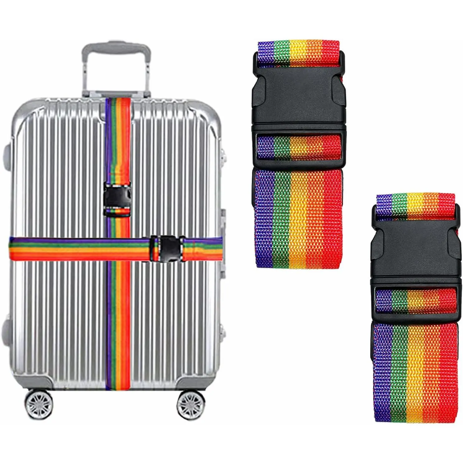 2 Pack Suitcase Belts, Adjustable Luggage Straps, Bright Colors Travel Packing Straps with Quick Release Buckle (Rainbow)