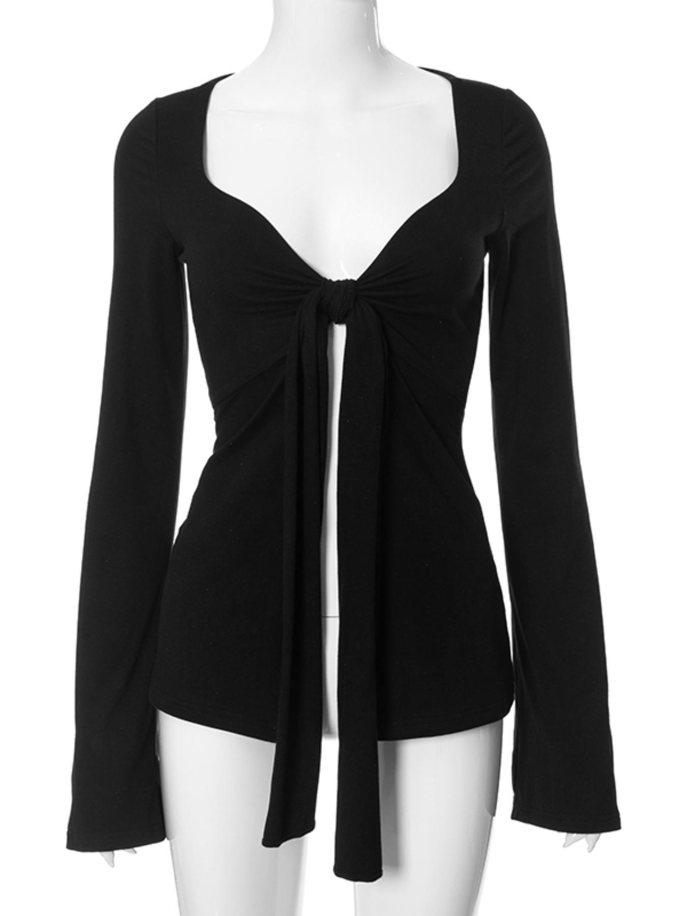 Women's Solid Knot Front Split Hem Tee, Casual Long Sleeve Sweetheart Neck T-Shirt for Fall, Women's Clothing for Daily Wear