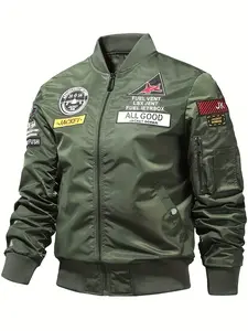 Spring Autumn Men's Slim Fit Nylon Flight Jacket, Letter Embroidery Motorcycle Jacket, Biker Jacket, Multi-Pocket Fashion Casual Outerwear, Sporty Sports Outerwear, Hiking, Cycling, Outdoor Sports